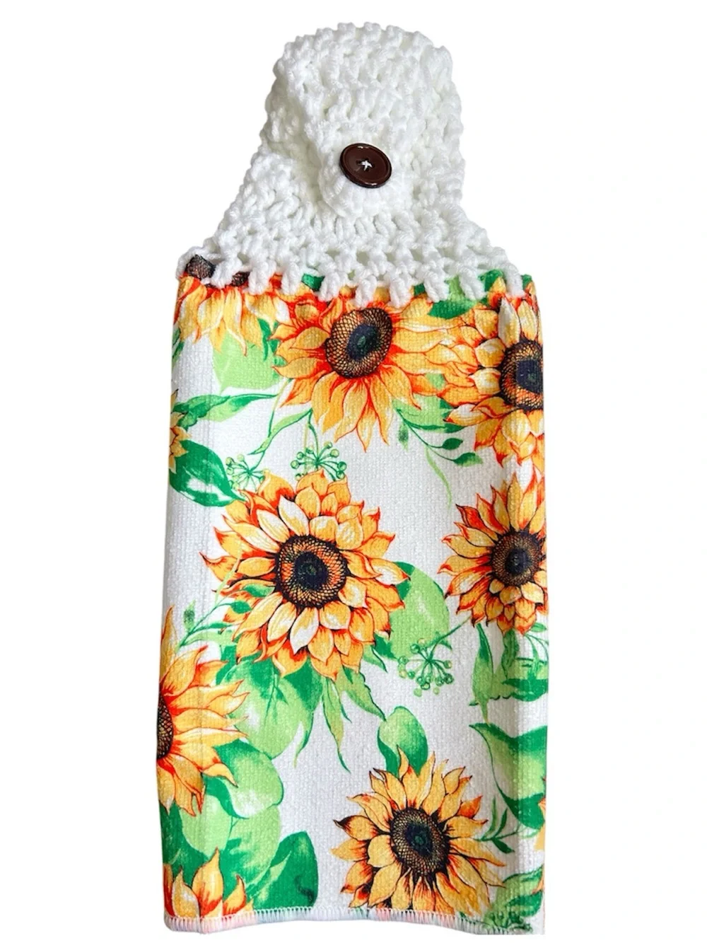 Hand Crafted Sunflower Hanging Kitchen Hand Towel - White, Yellow, Green